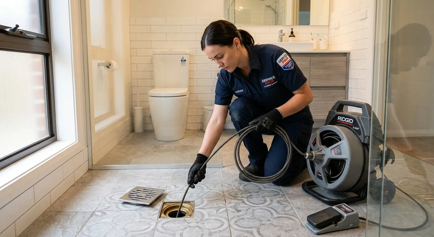 Technician clearing a bathroom floor drain for Drain Repair in Richmond
